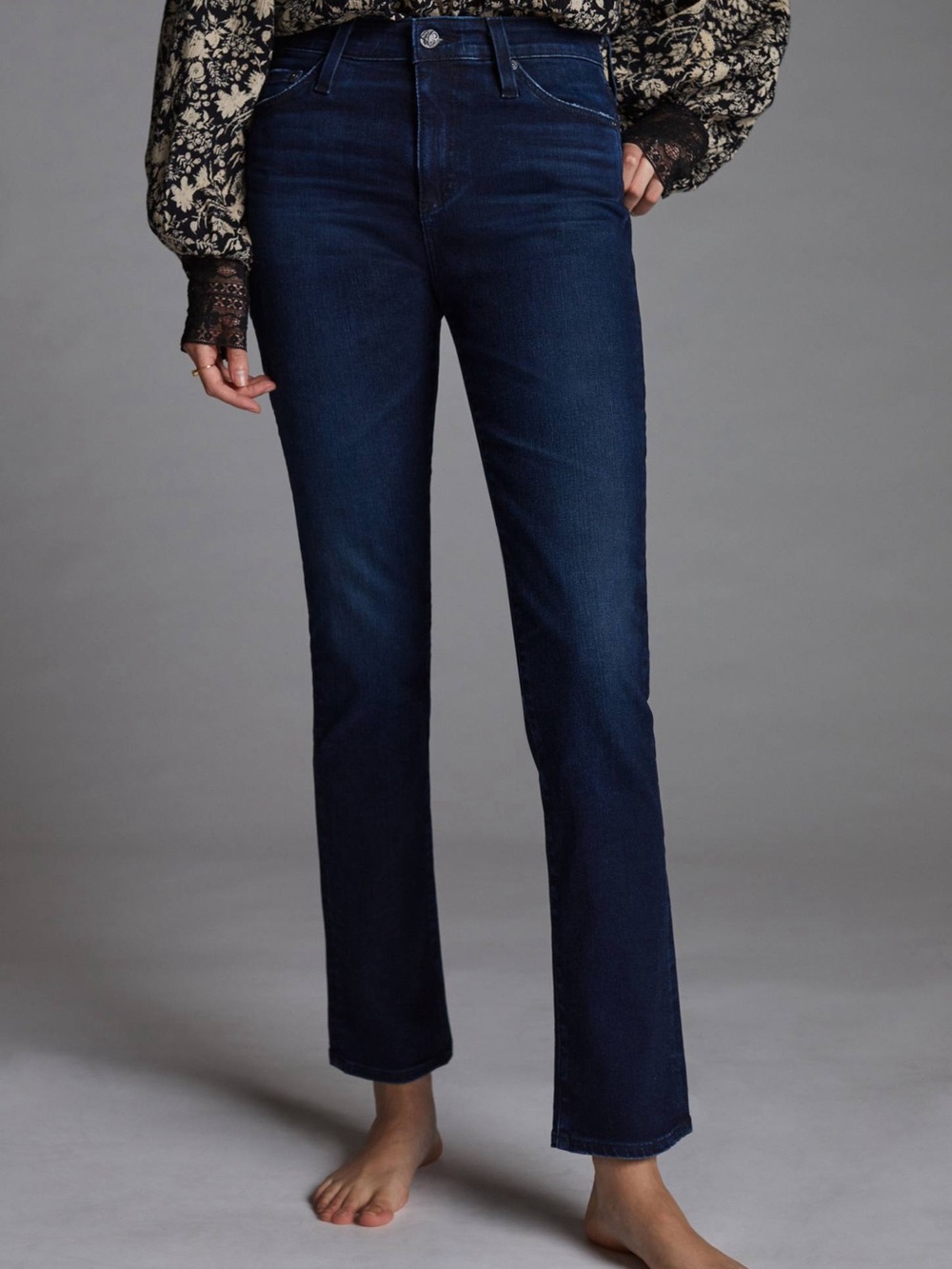 AG x Anthropologie Stevie Straight High Rise Slim Jeans 27R Dark Wash
